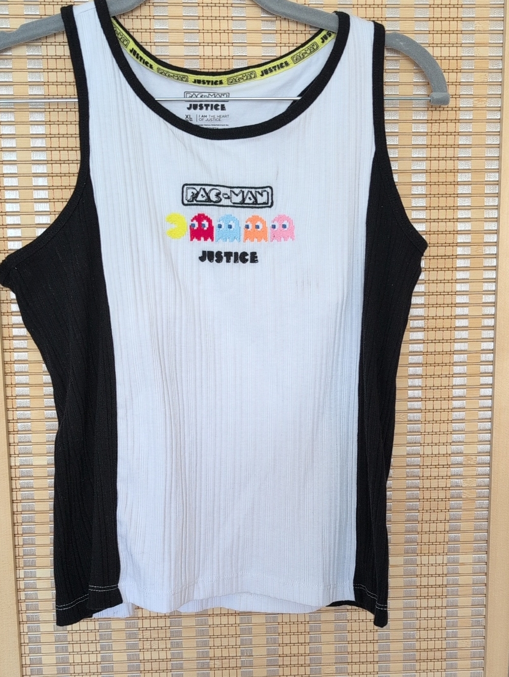 Justice White Ribbed Pac-Man Tank with Black Panels Built In Bra